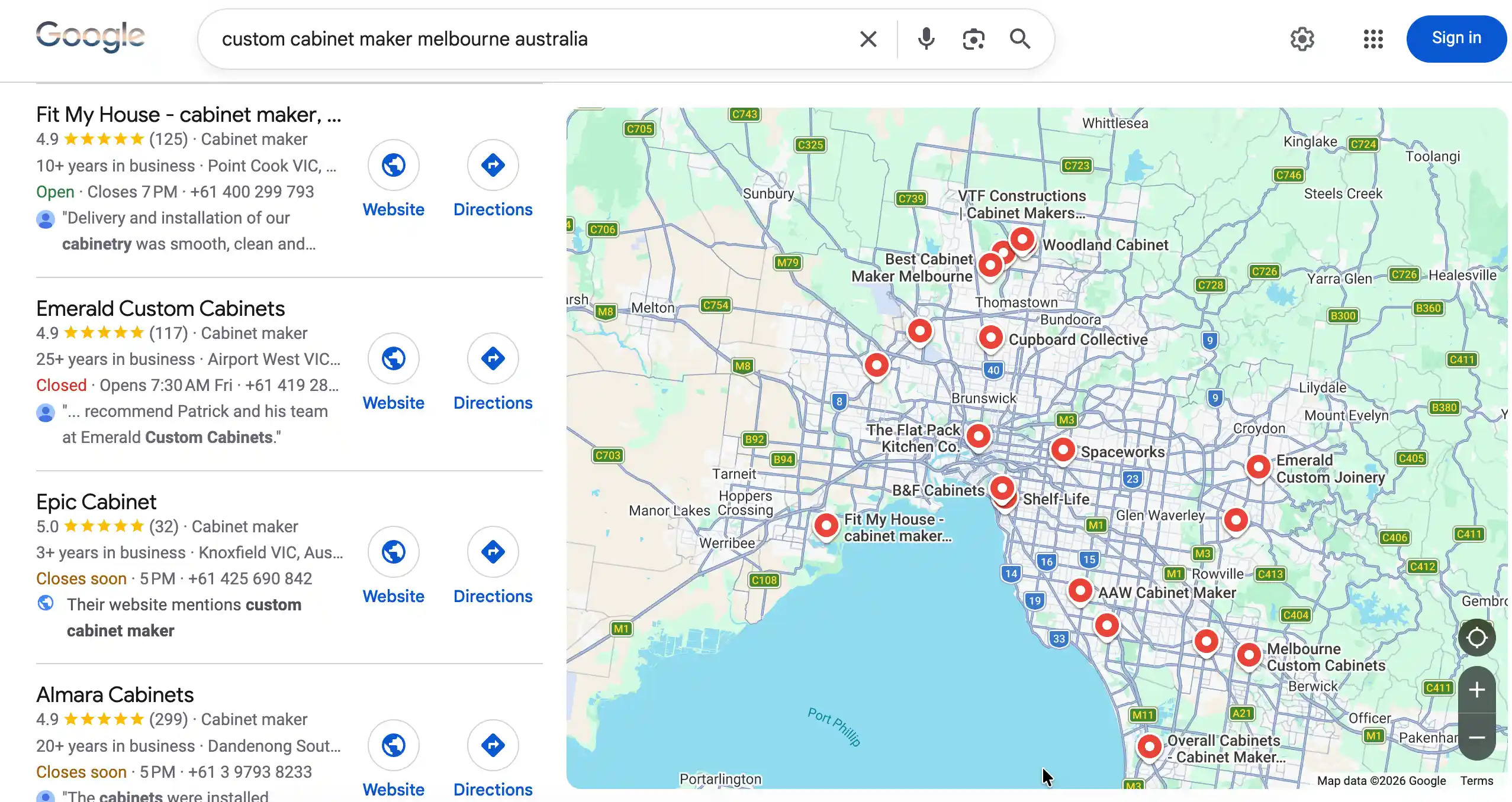 Google local results for custom cabinet maker Melbourne showing established competitors
